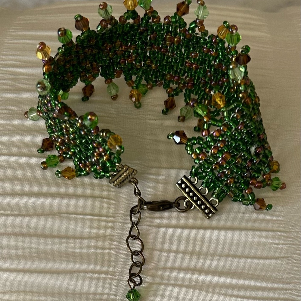 Green and Brown Beaded Bracelet with Adjustable Chain